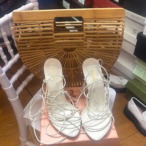 Cult Gaia White Strappy Heels and cult Gaia purse